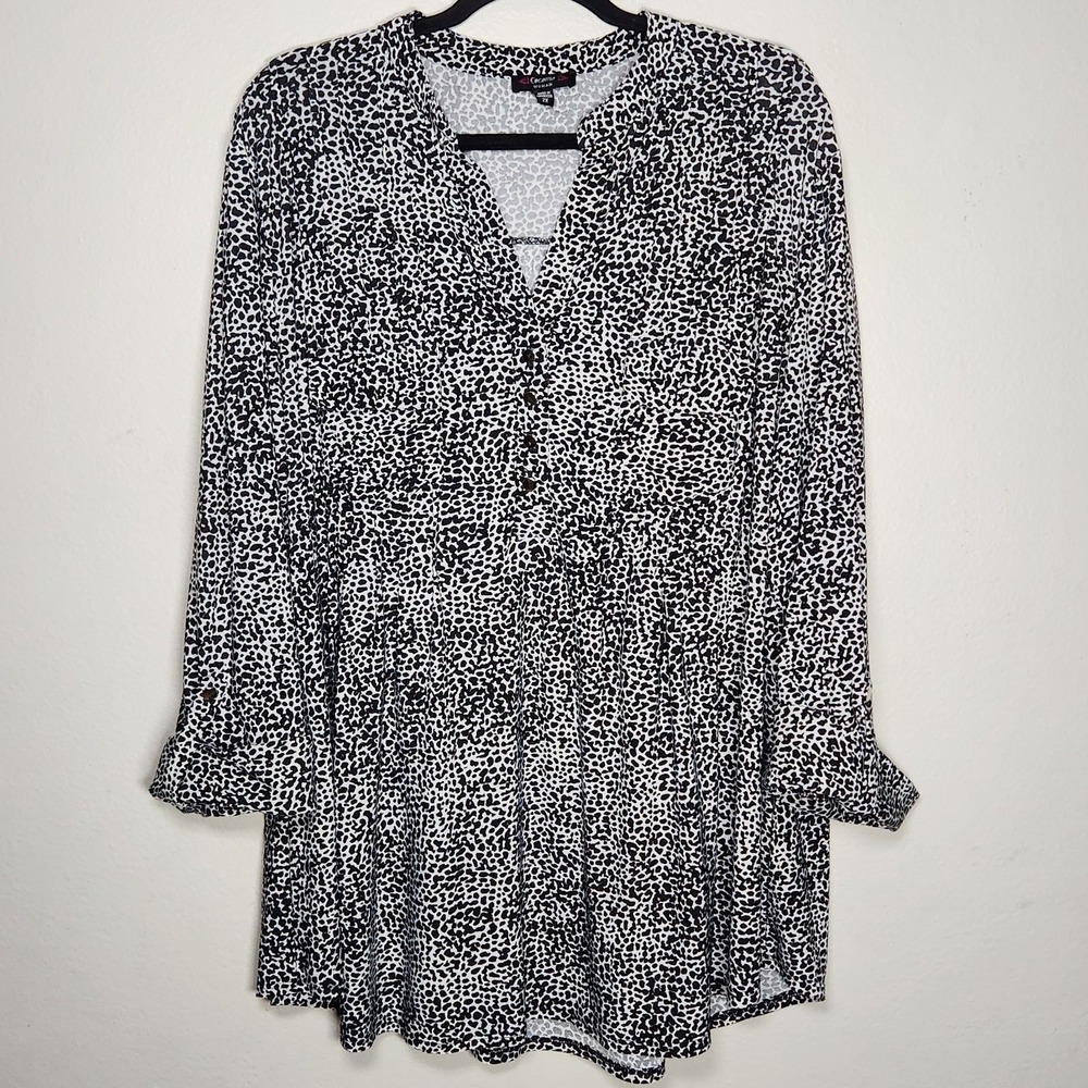 Cocomo Womens 2X Black White Leopard Print Roll Tab Sleeve Popover Top Stretch